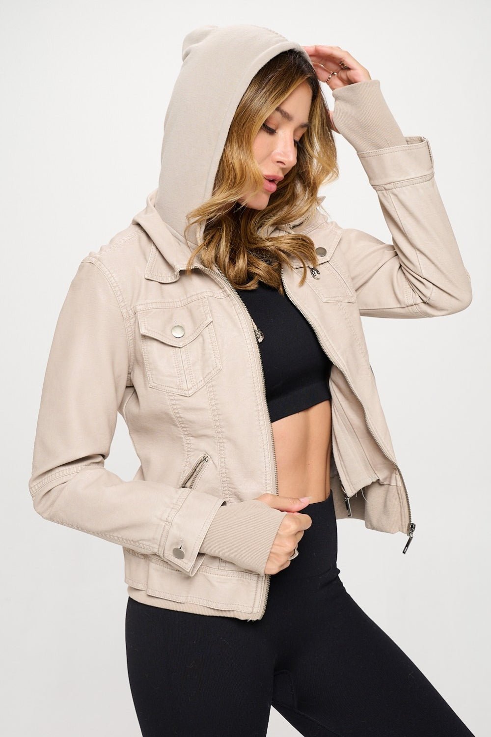 COALITION LA - Vegan Leather Double Zip Hooded Long Sleeve Jacket in Cream