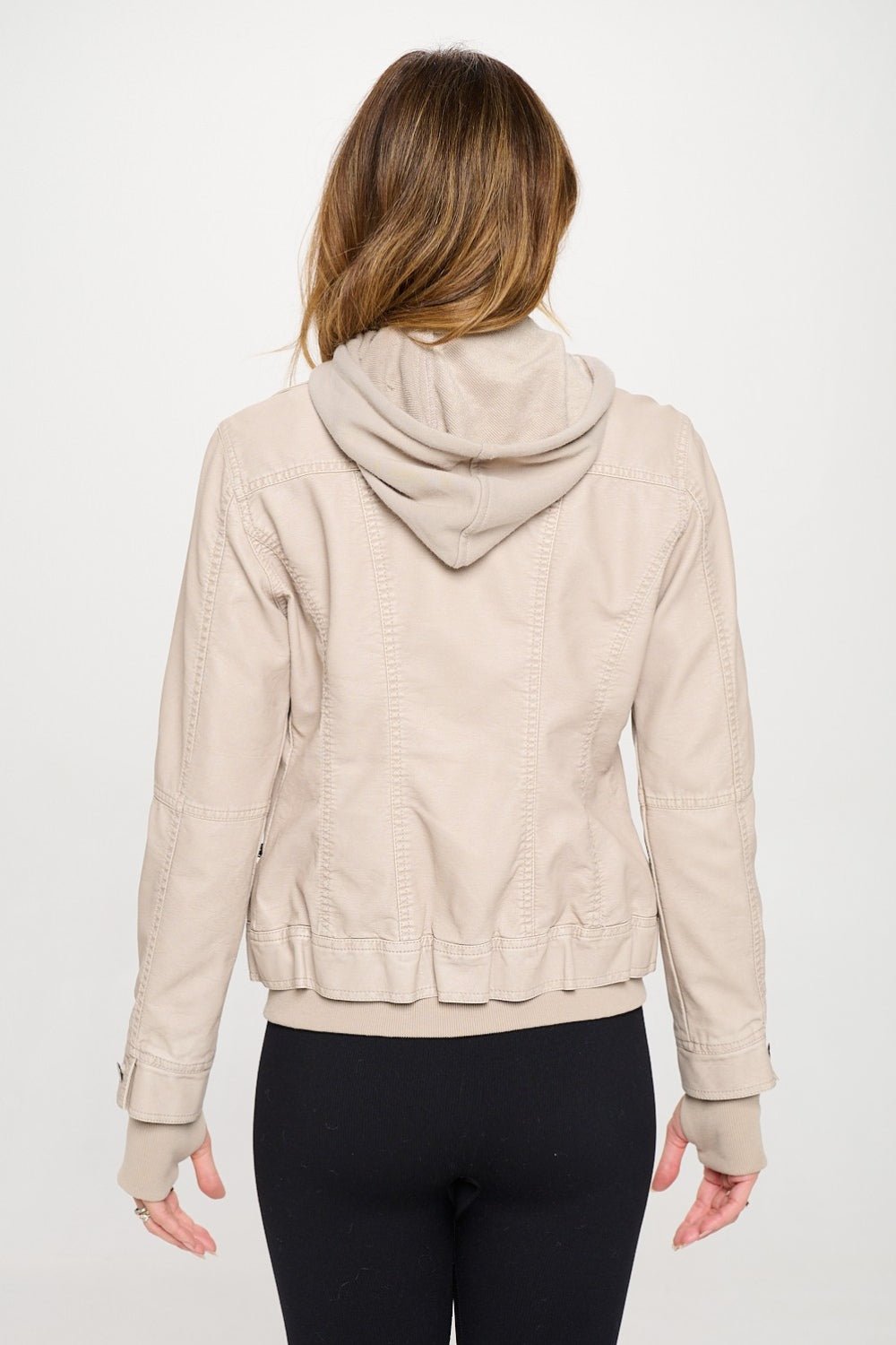 COALITION LA - Vegan Leather Double Zip Hooded Long Sleeve Jacket in Cream