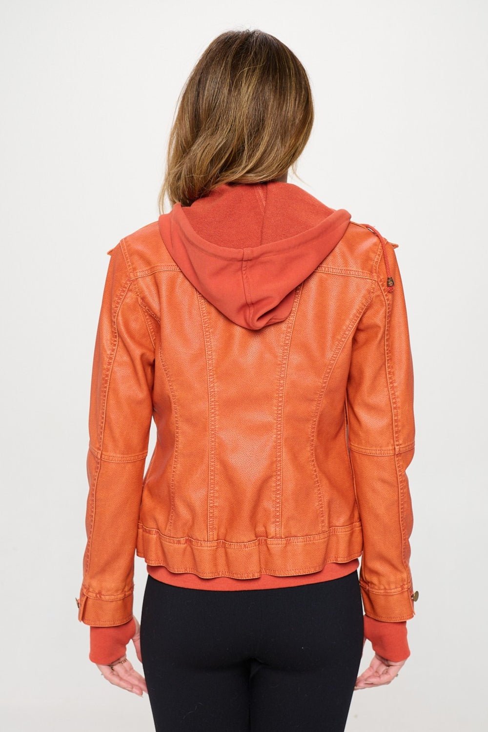 COALITION LA - Vegan Leather Double Zip Hooded Long Sleeve Jacket in Orange