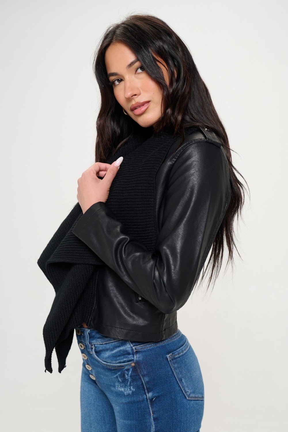 COALITION LA - Vegan Leather Scarf Collar Crop Jacket in Black