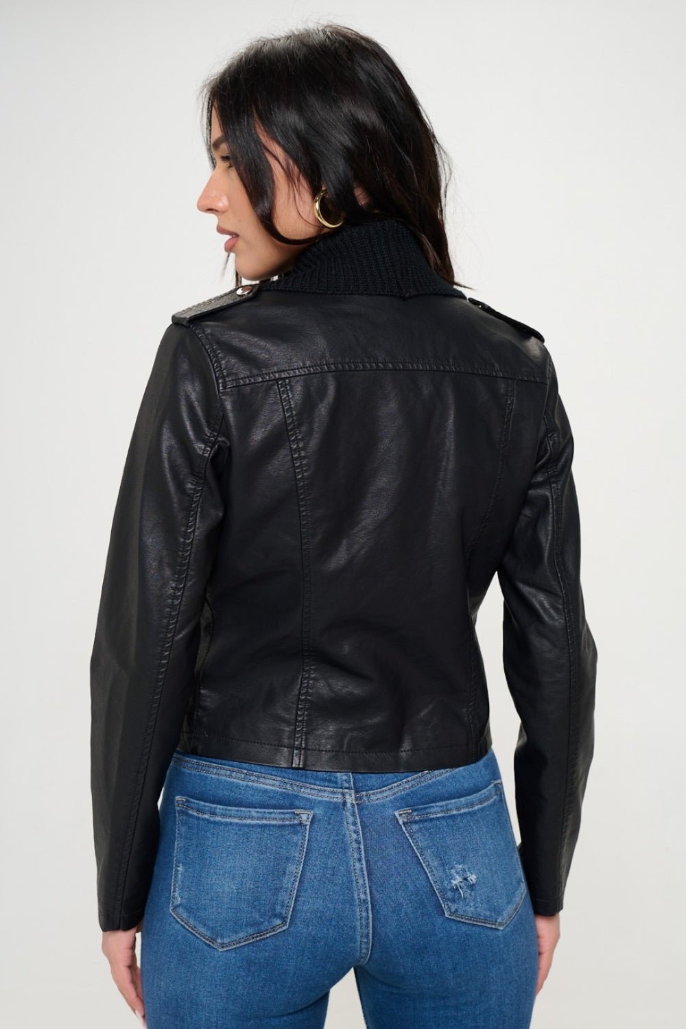 COALITION LA - Vegan Leather Scarf Collar Crop Jacket in Black