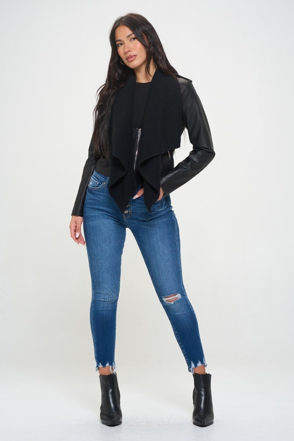 COALITION LA - Vegan Leather Scarf Collar Crop Jacket in Black