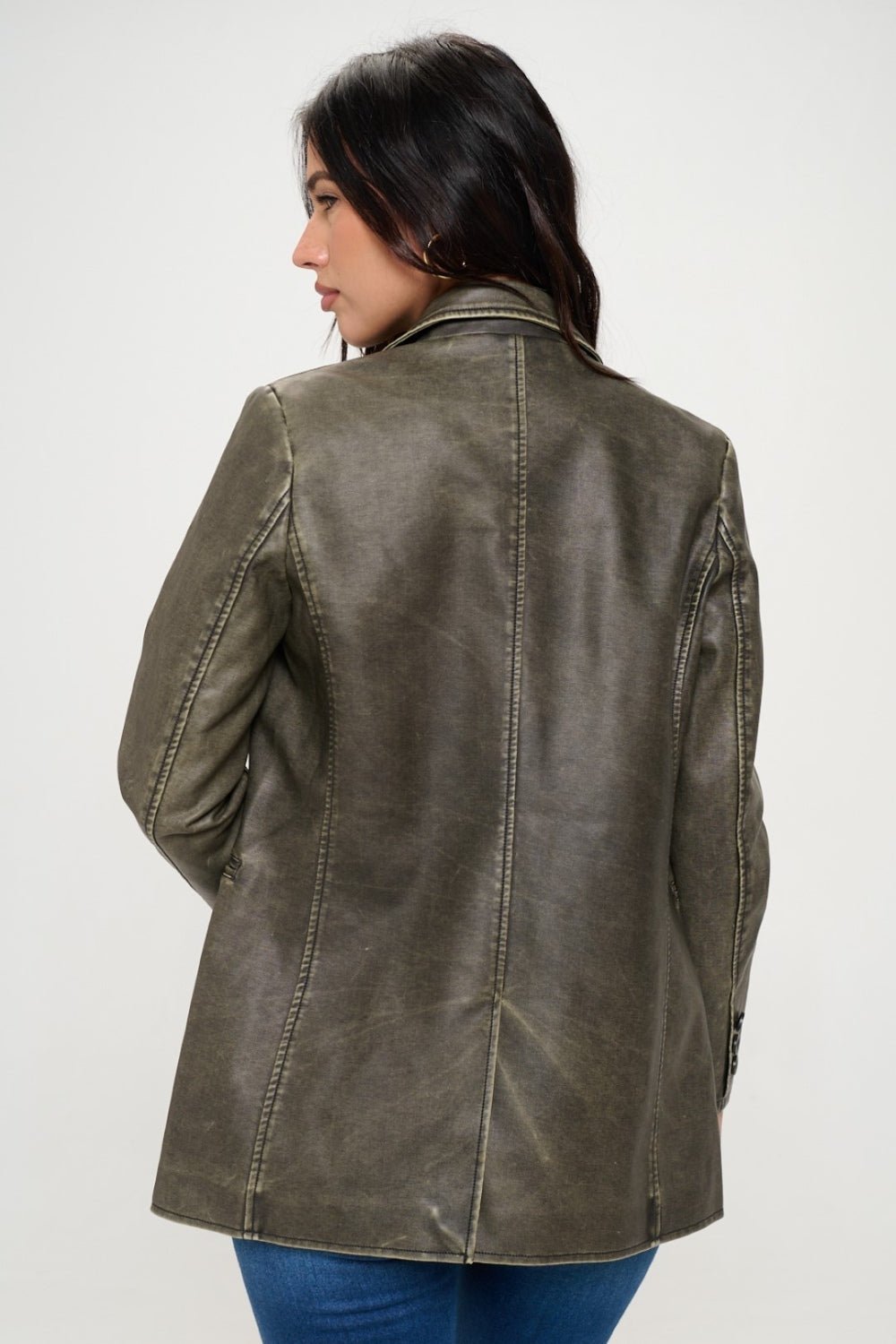 COALITION LA - Vegan Leather Single - Breasted Blazer in Olive Brown