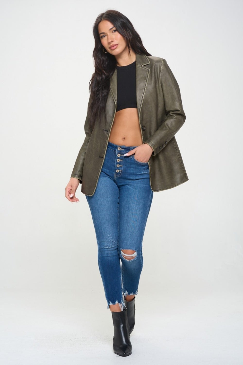 COALITION LA - Vegan Leather Single - Breasted Blazer in Olive Brown