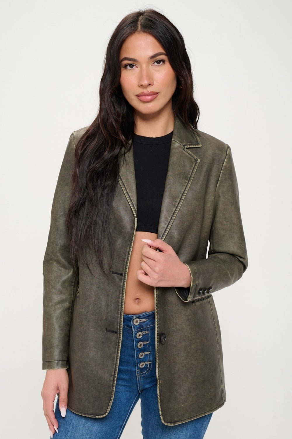 COALITION LA - Vegan Leather Single - Breasted Blazer in Olive Brown