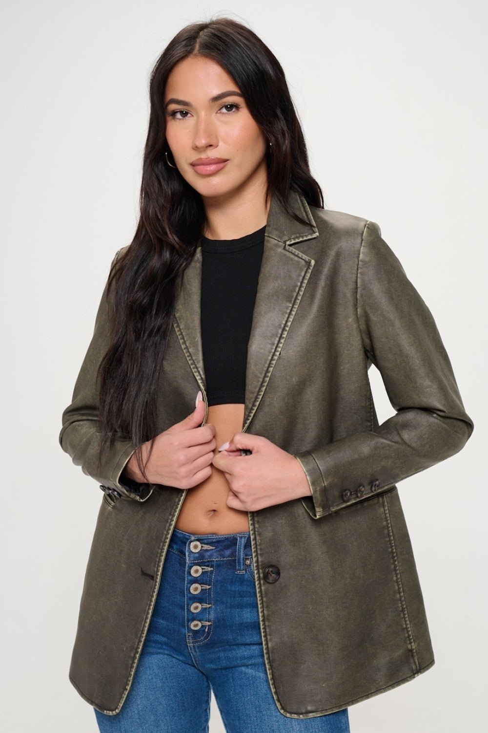 COALITION LA - Vegan Leather Single - Breasted Blazer in Olive Brown