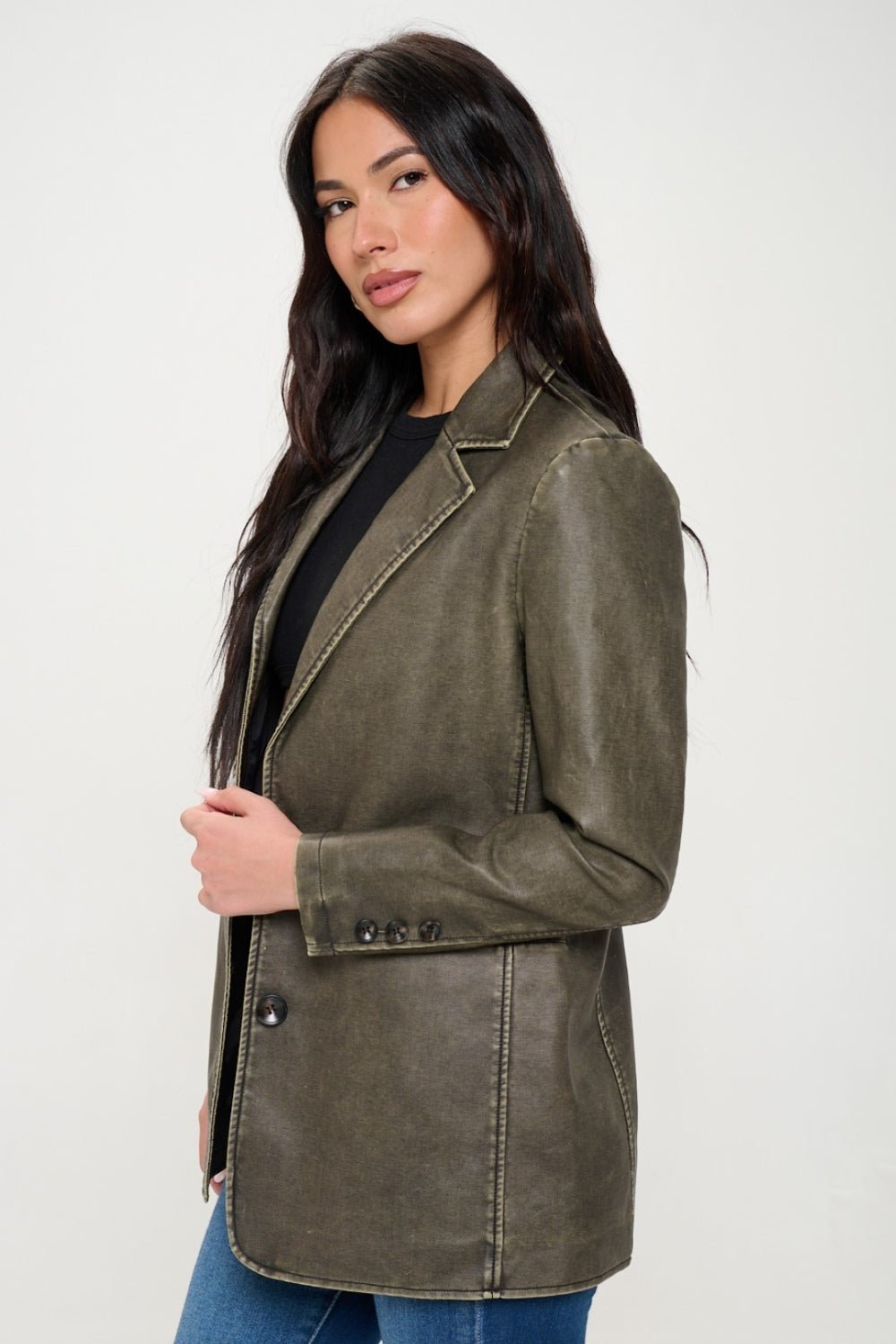 COALITION LA - Vegan Leather Single - Breasted Blazer in Olive Brown