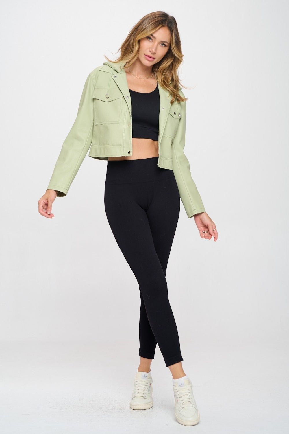 COALITION LA - Vegan Leather Snap Front Cropped Hooded Jacket in Mint