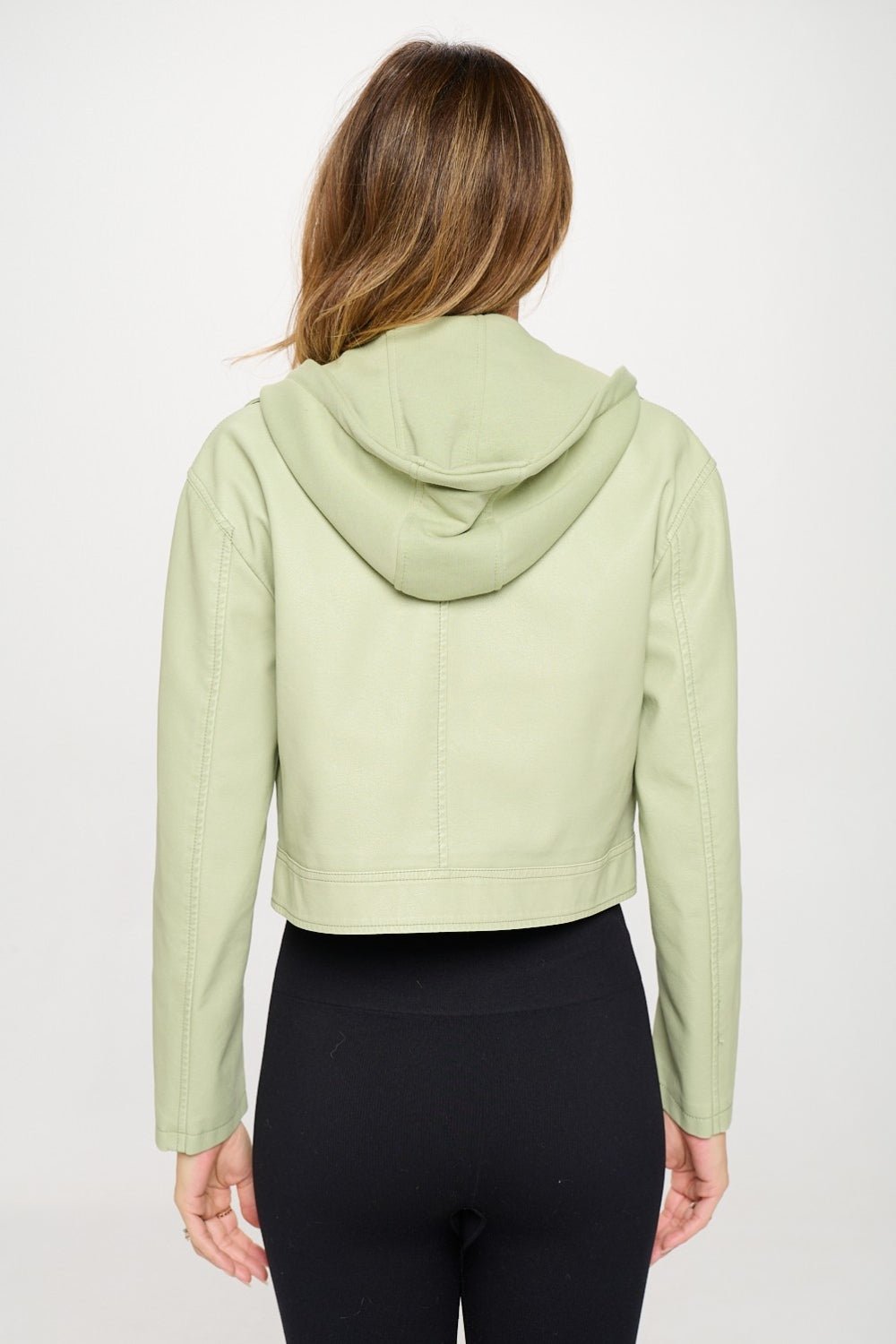 COALITION LA - Vegan Leather Snap Front Cropped Hooded Jacket in Mint