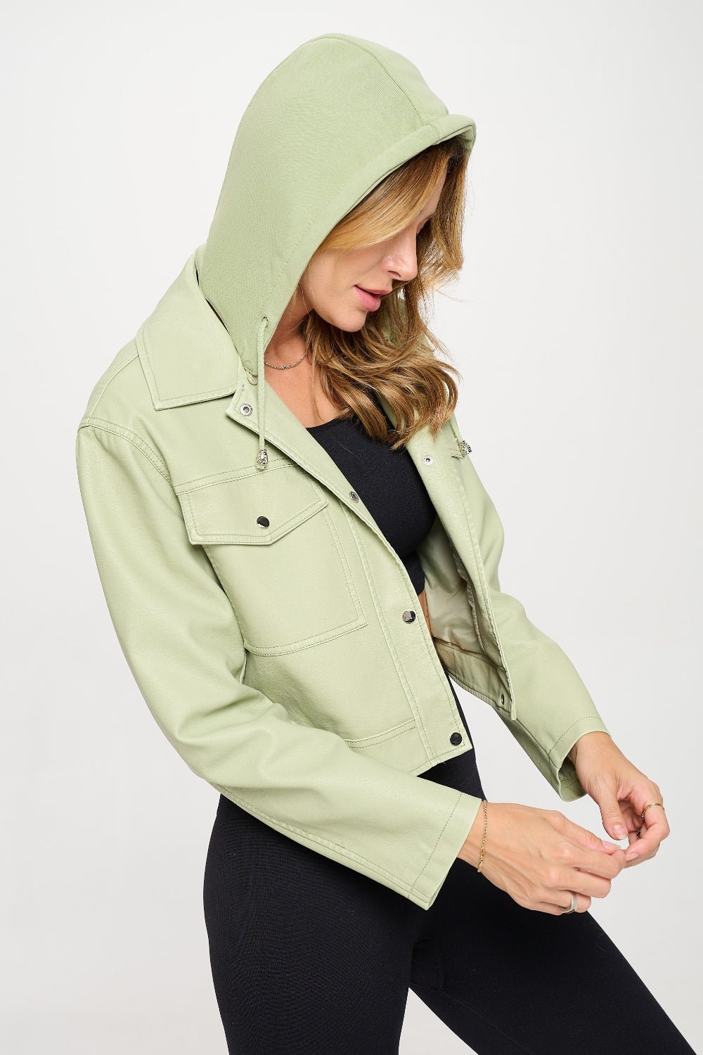 COALITION LA - Vegan Leather Snap Front Cropped Hooded Jacket in Mint