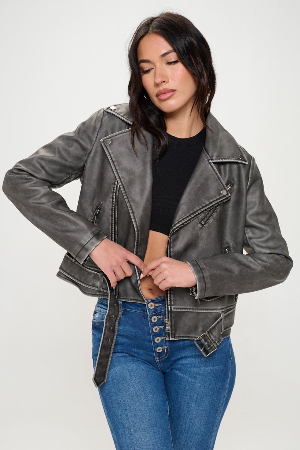 COALITION LA - Vegan Leather Zip Up Belted Biker Jacket in Black