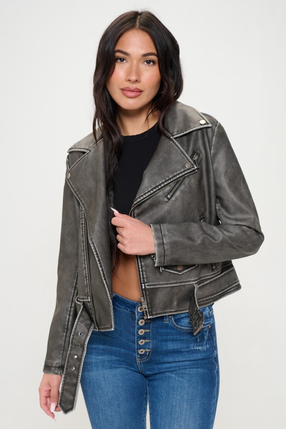 COALITION LA - Vegan Leather Zip Up Belted Biker Jacket in Black