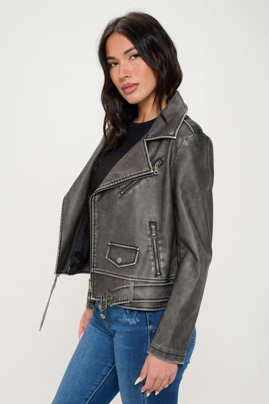 COALITION LA - Vegan Leather Zip Up Belted Biker Jacket in Black