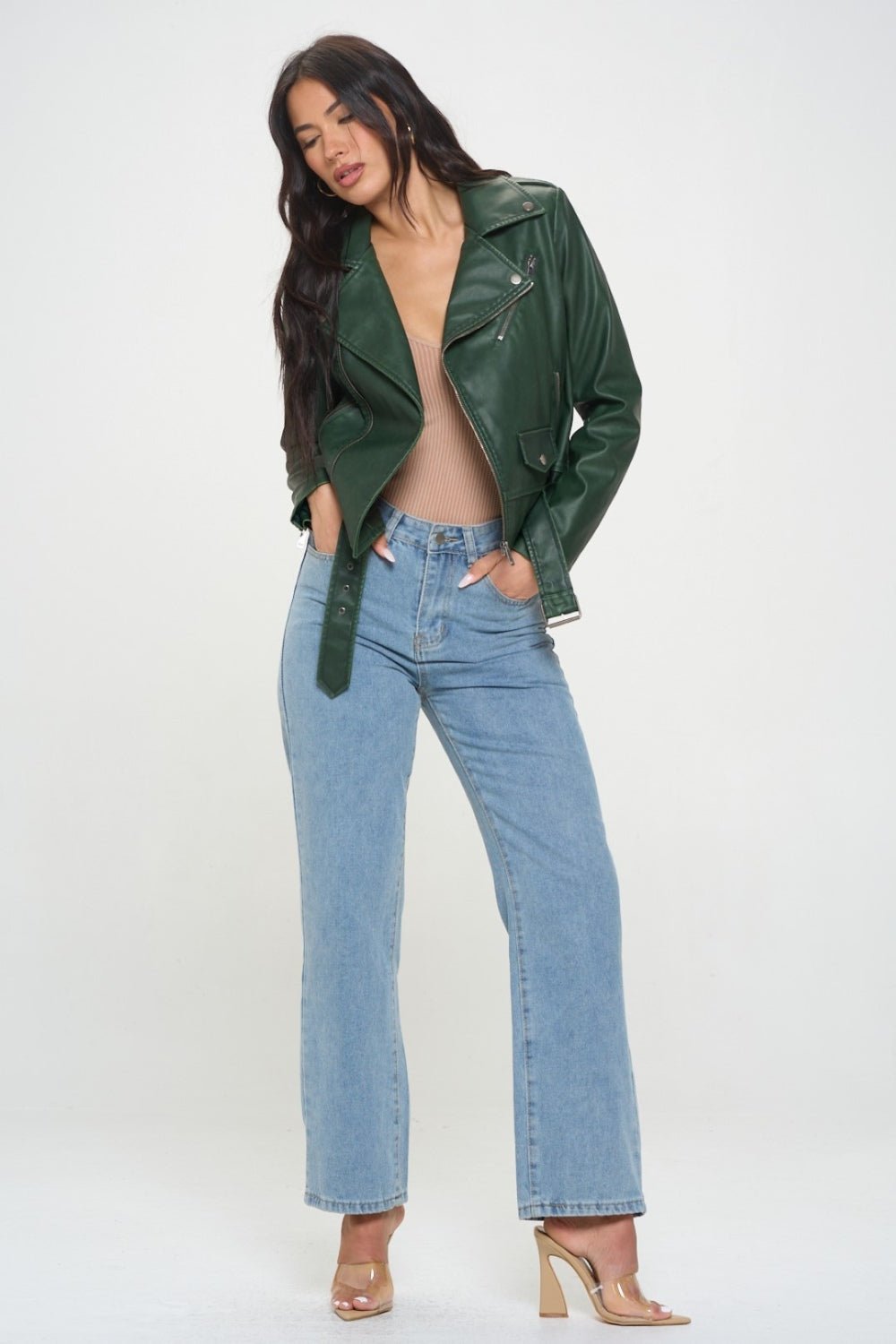 COALITION LA - Vegan Leather Zip Up Belted Biker Jacket in Green