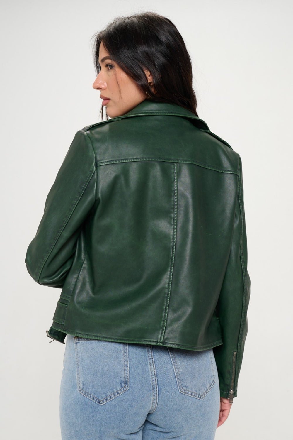 COALITION LA - Vegan Leather Zip Up Belted Biker Jacket in Green