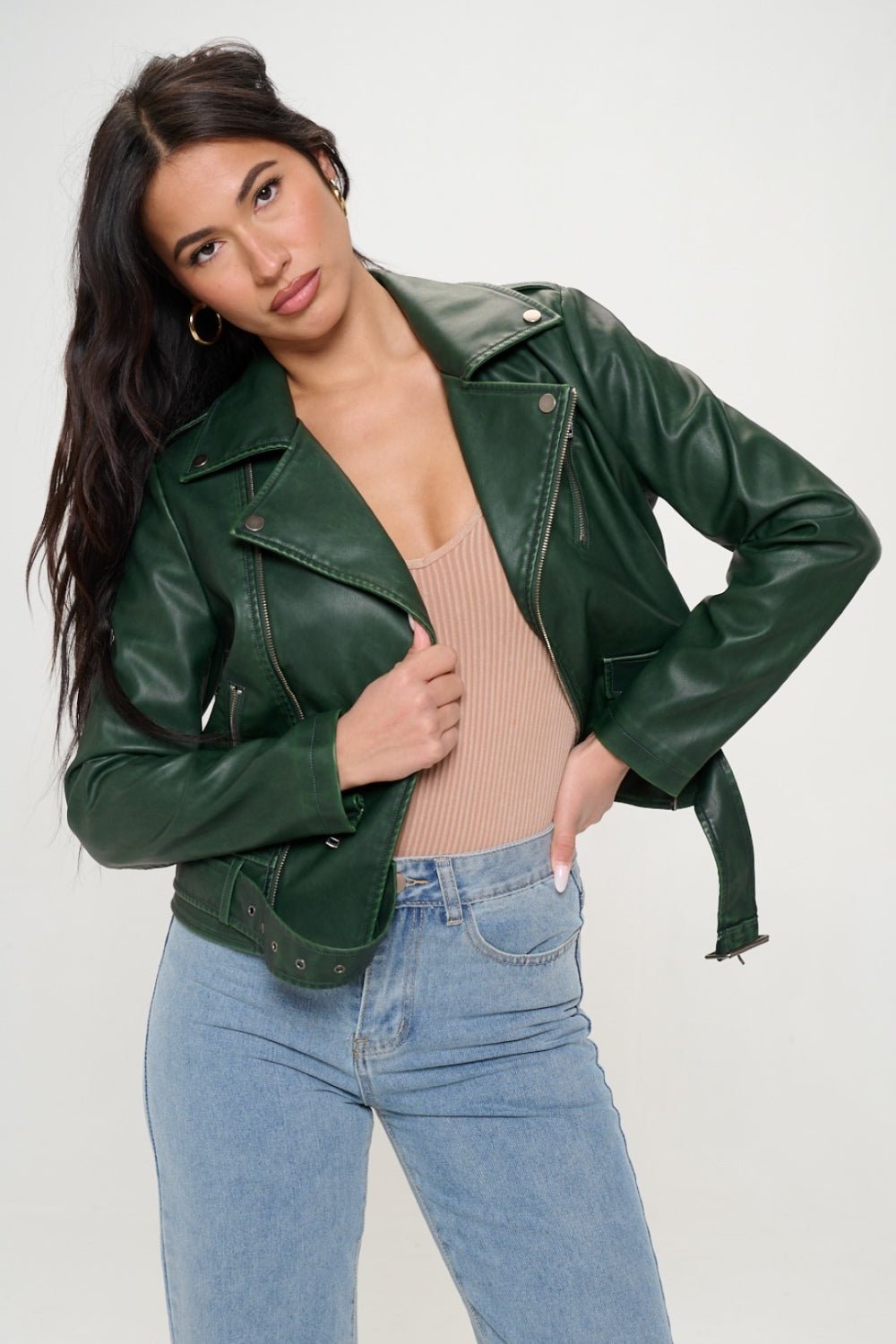 COALITION LA - Vegan Leather Zip Up Belted Biker Jacket in Green