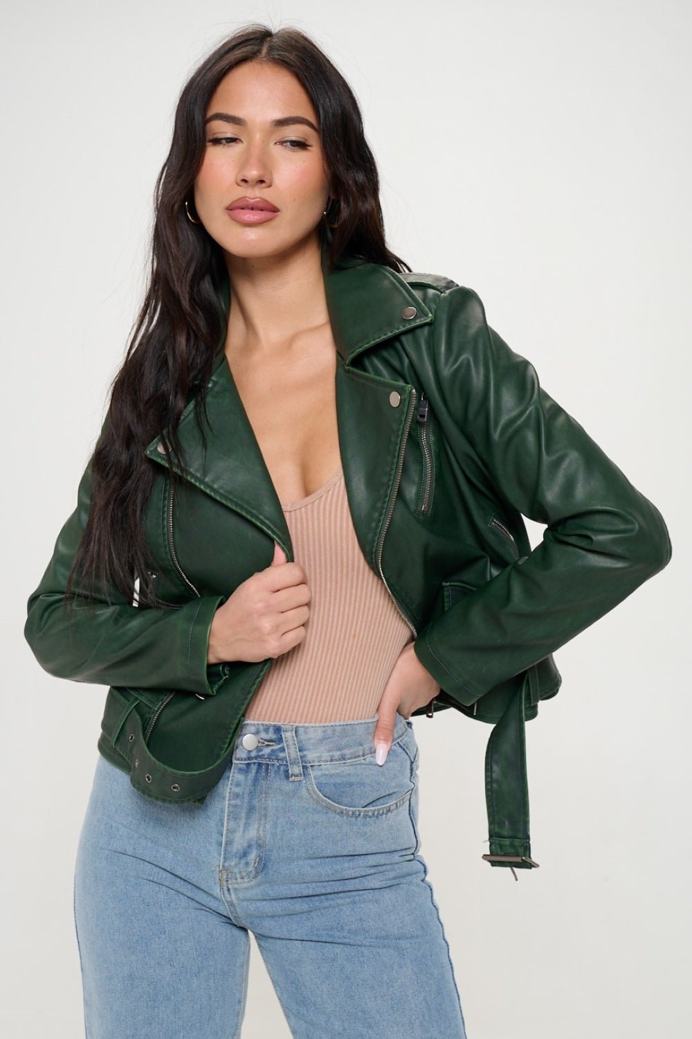 COALITION LA - Vegan Leather Zip Up Belted Biker Jacket in Green