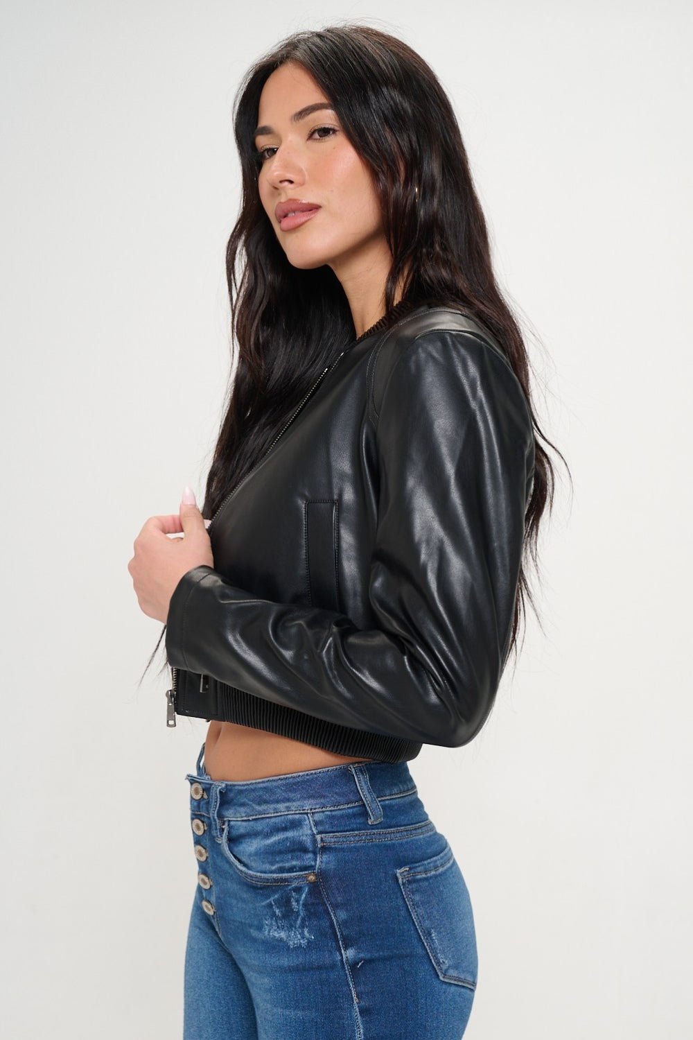 COALITION LA - Vegan Leather Zip Up Cropped Bomber Jacket in Black