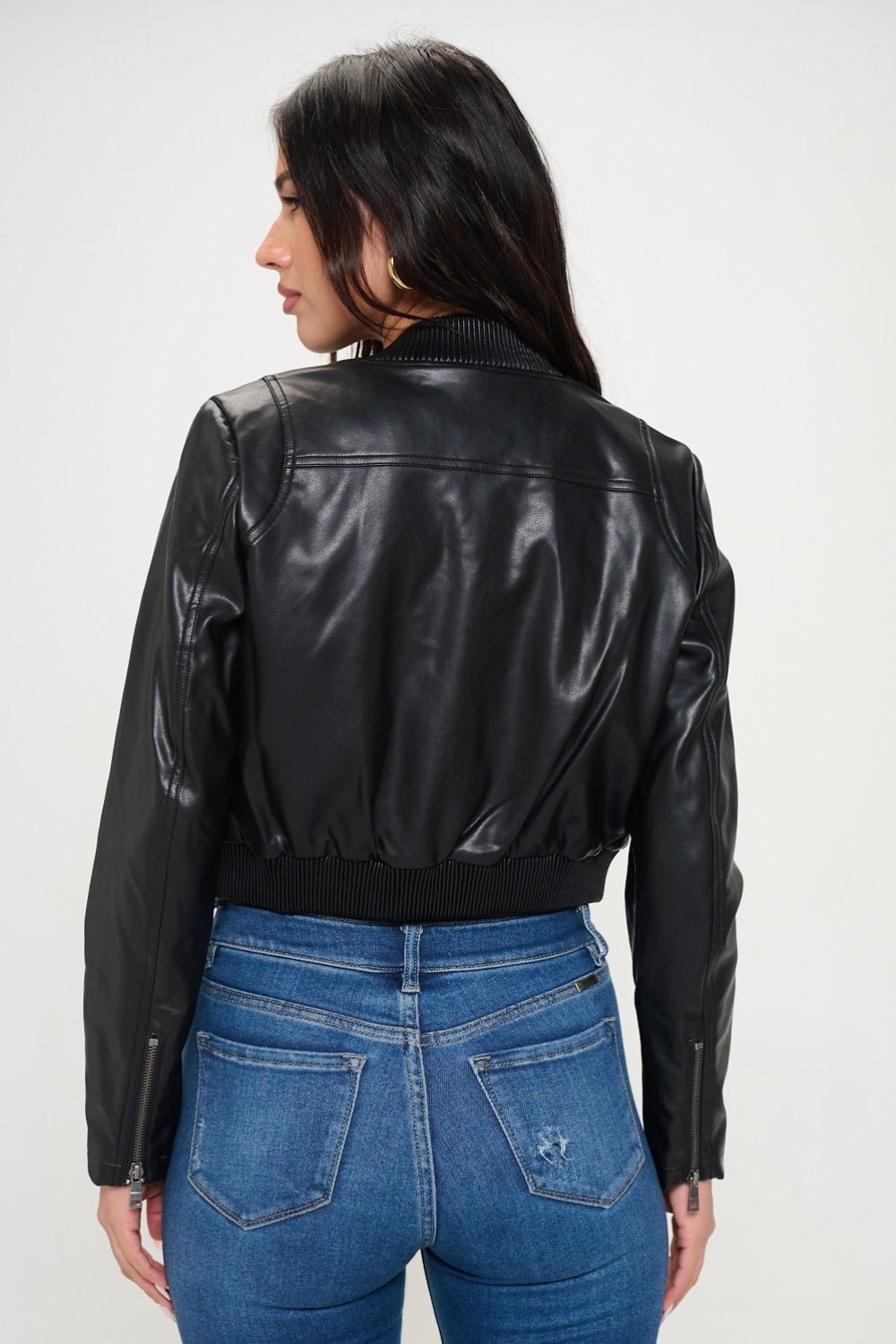 COALITION LA - Vegan Leather Zip Up Cropped Bomber Jacket in Black