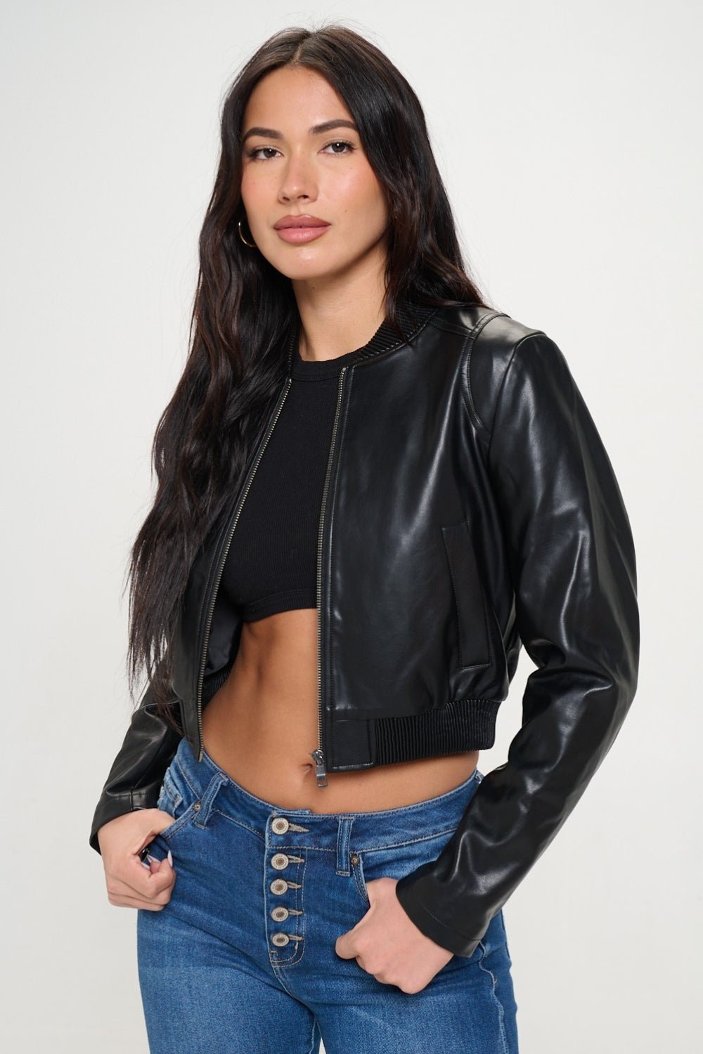 COALITION LA - Vegan Leather Zip Up Cropped Bomber Jacket in Black