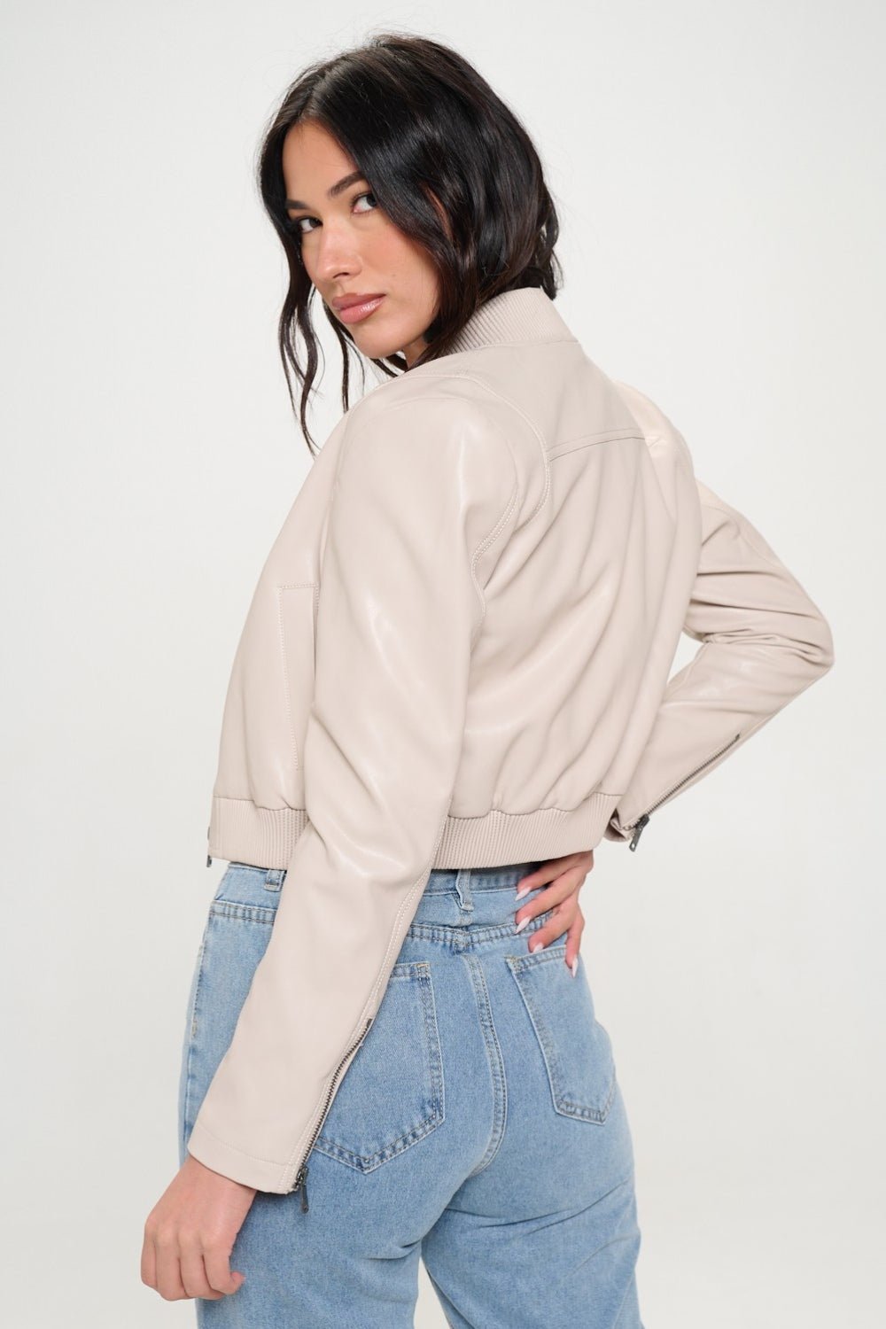 COALITION LA - Vegan Leather Zip Up Cropped Bomber Jacket in Cream