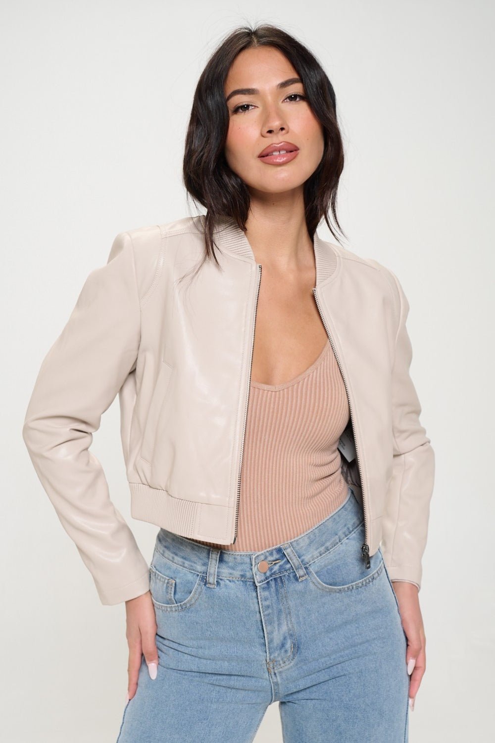 COALITION LA - Vegan Leather Zip Up Cropped Bomber Jacket in Cream