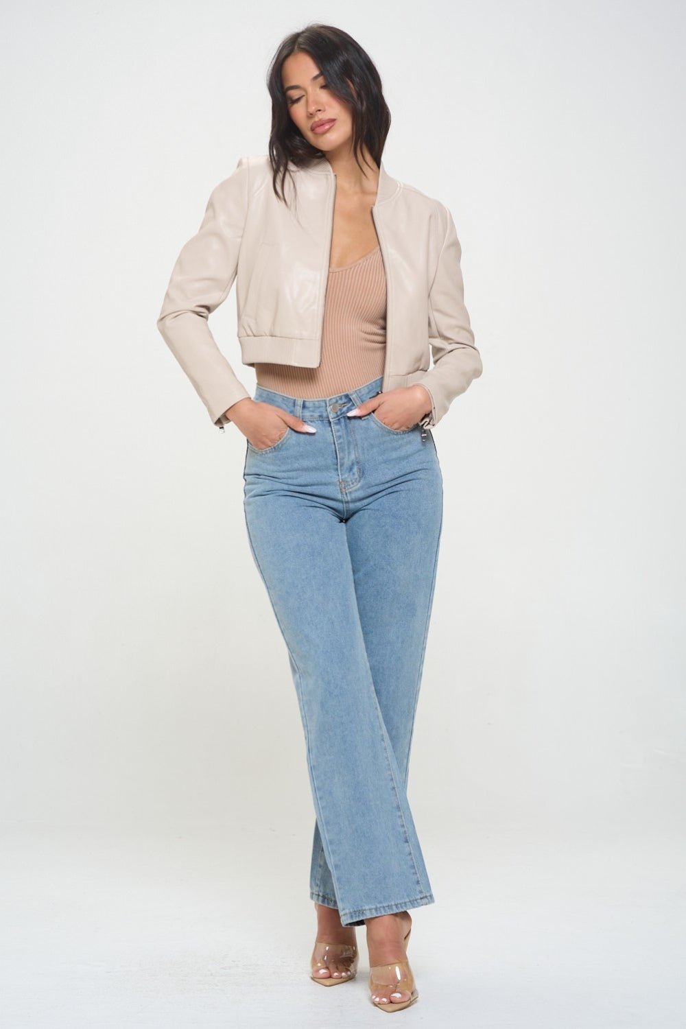 COALITION LA - Vegan Leather Zip Up Cropped Bomber Jacket in Cream