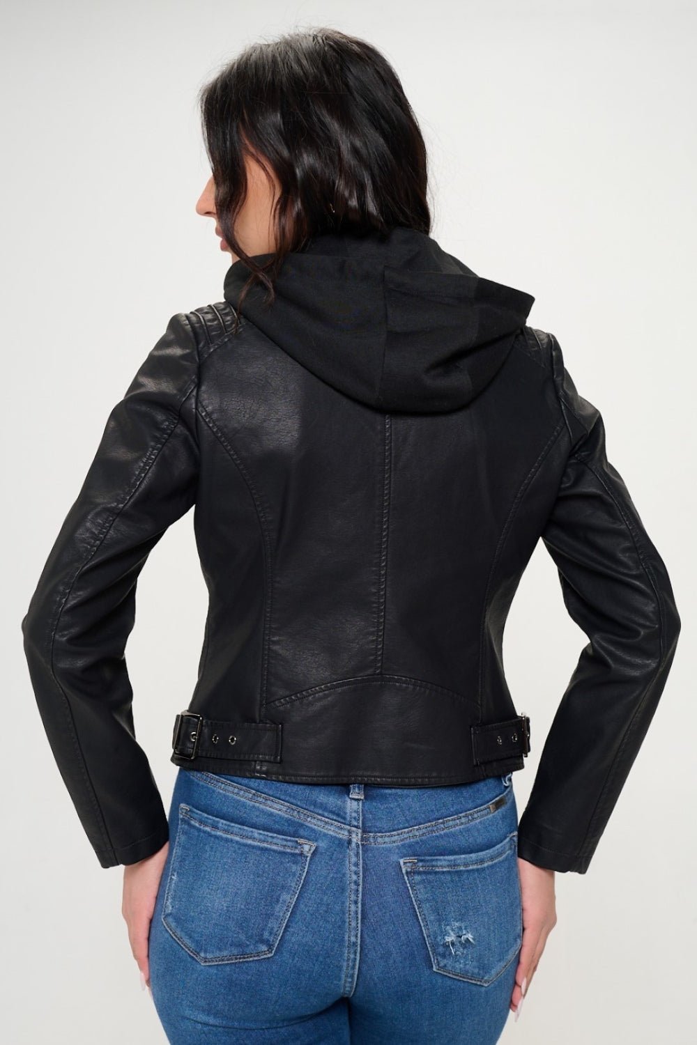 COALITION LA - Vegan Leather Zip Up Hooded Jacket in Black