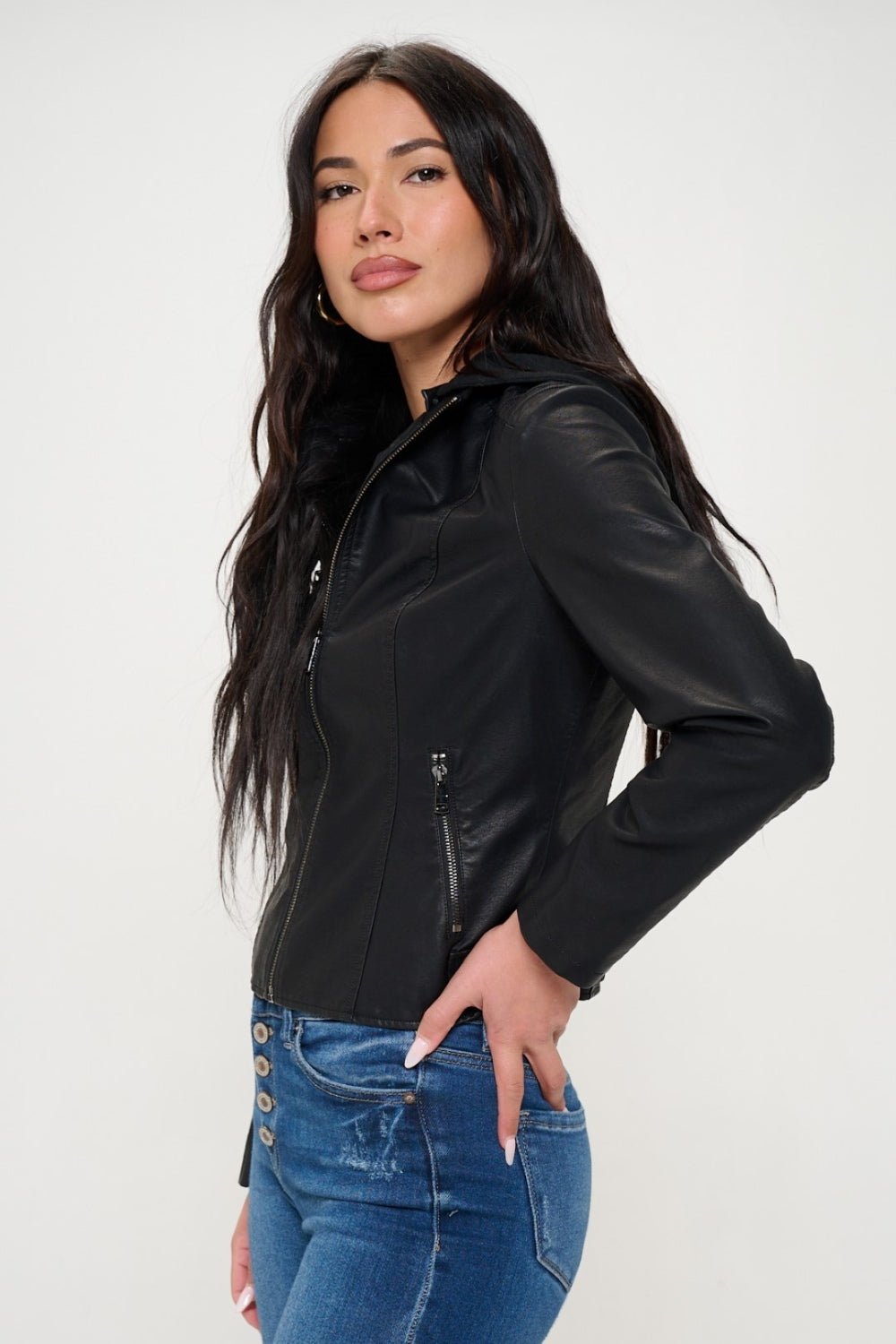 COALITION LA - Vegan Leather Zip Up Hooded Jacket in Black