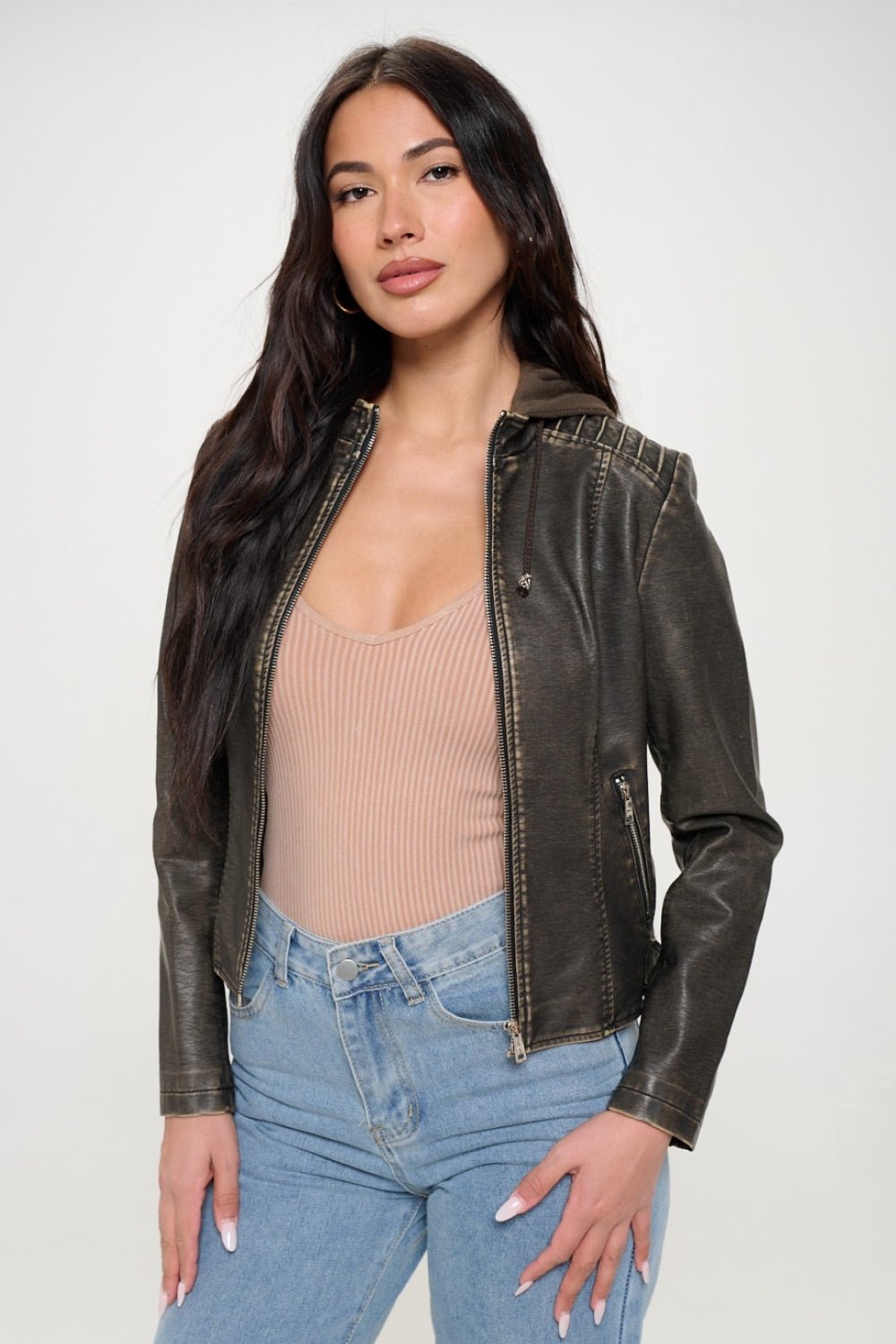 COALITION LA - Vegan Leather Zip Up Hooded Jacket in Brown