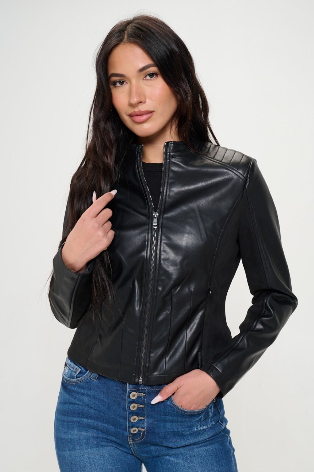 COALITION LA - Vegan Leather Zip Up Moto Jacket in Black