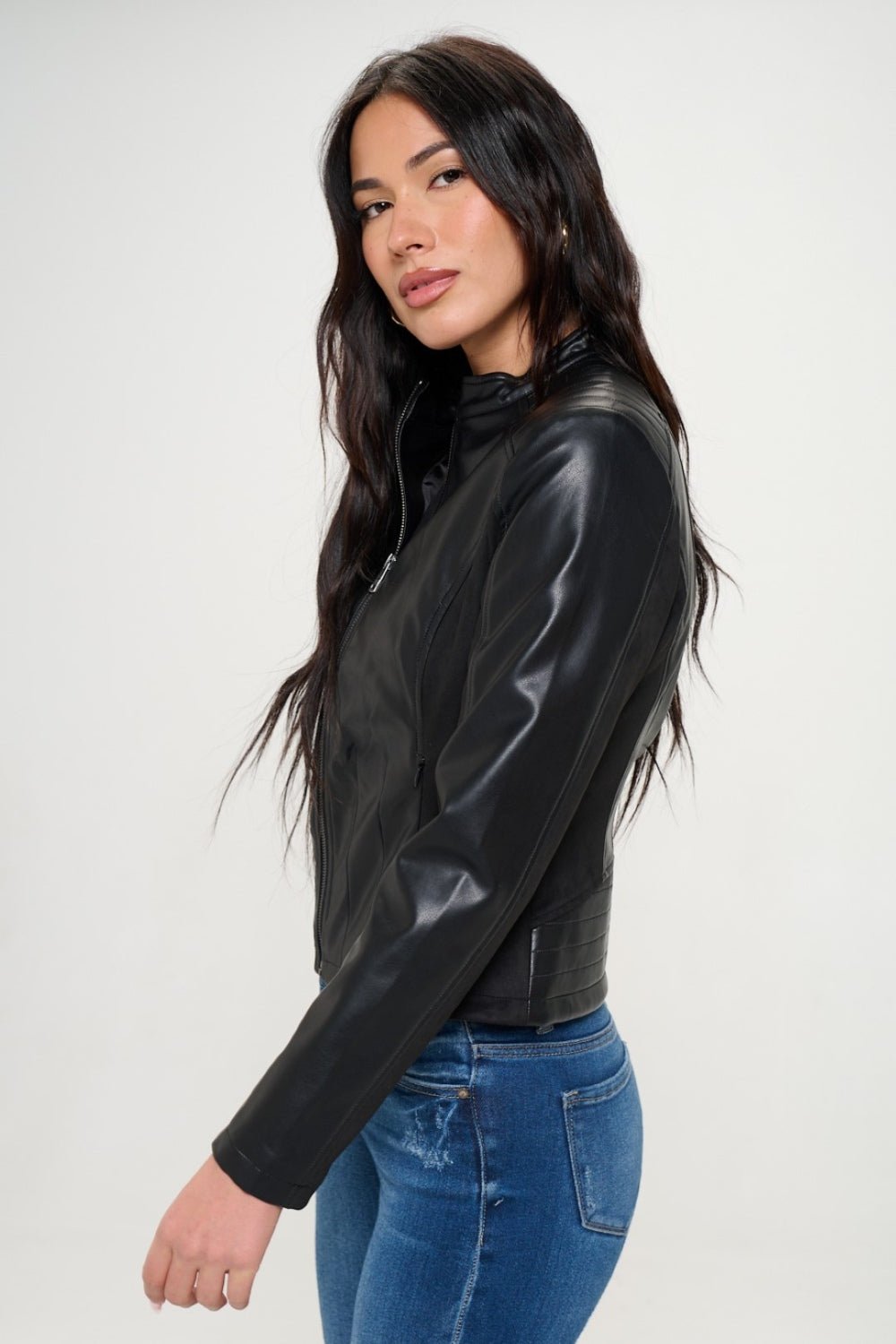 COALITION LA - Vegan Leather Zip Up Moto Jacket in Black