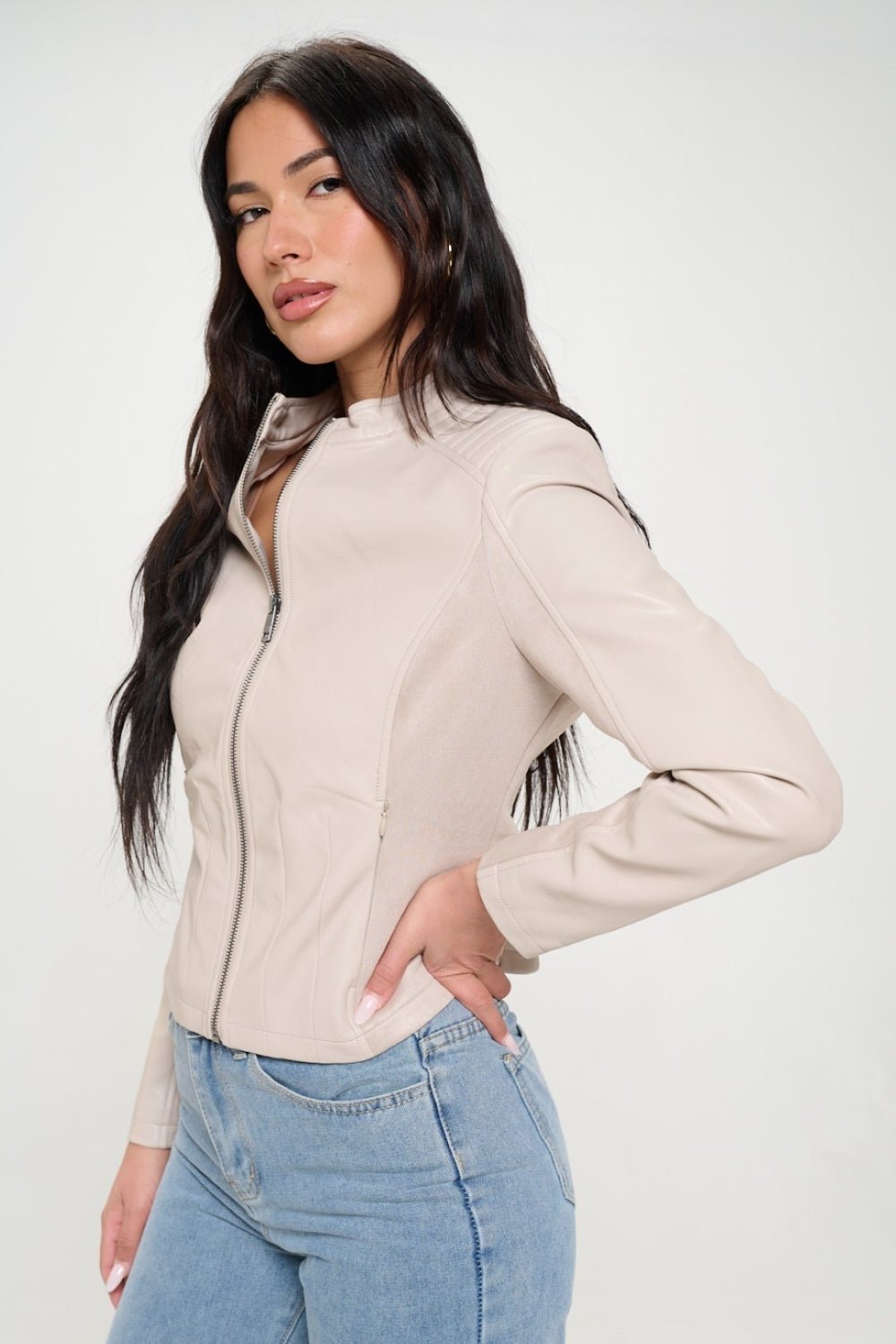 COALITION LA - Vegan Leather Zip Up Moto Jacket in Cream