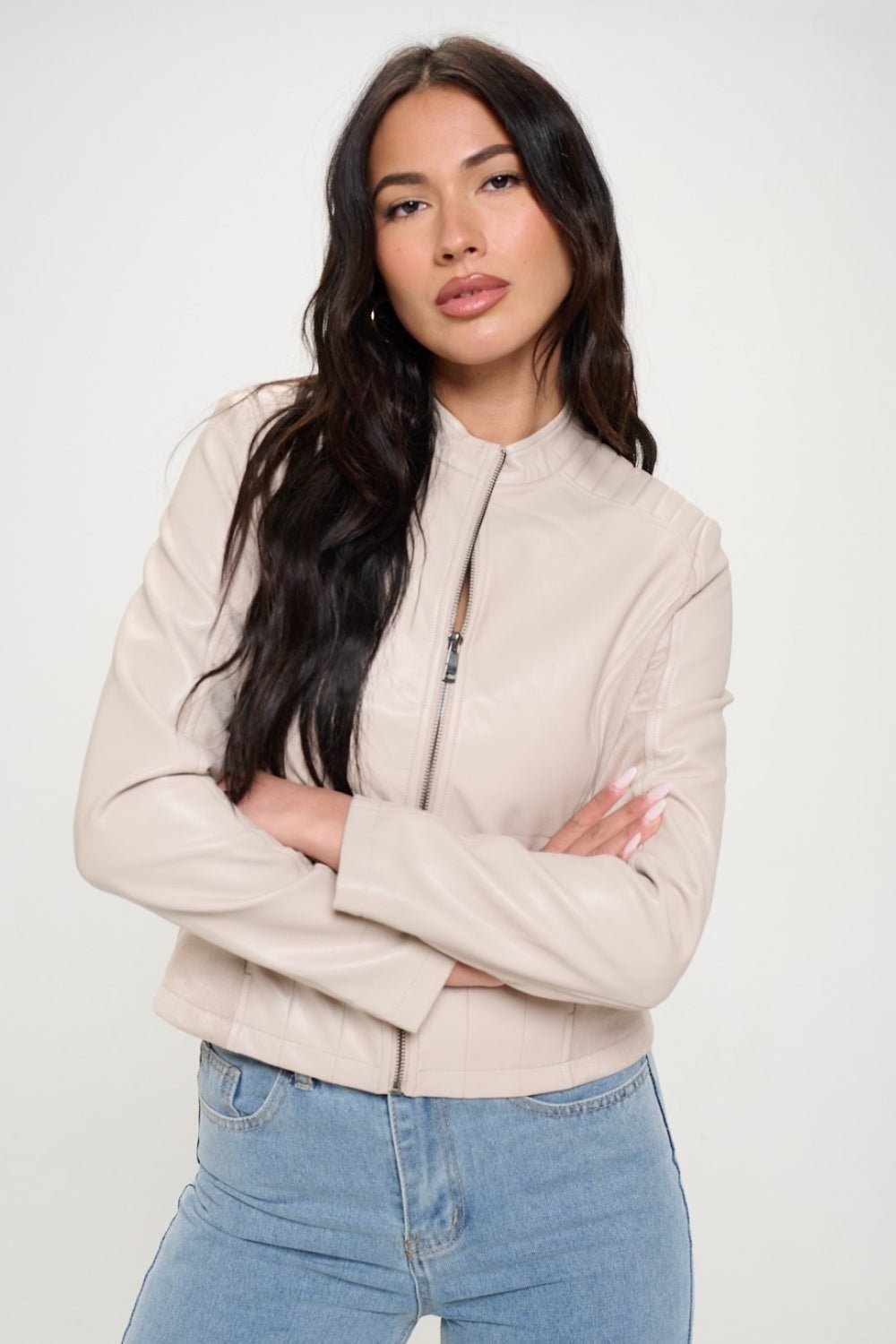 COALITION LA - Vegan Leather Zip Up Moto Jacket in Cream