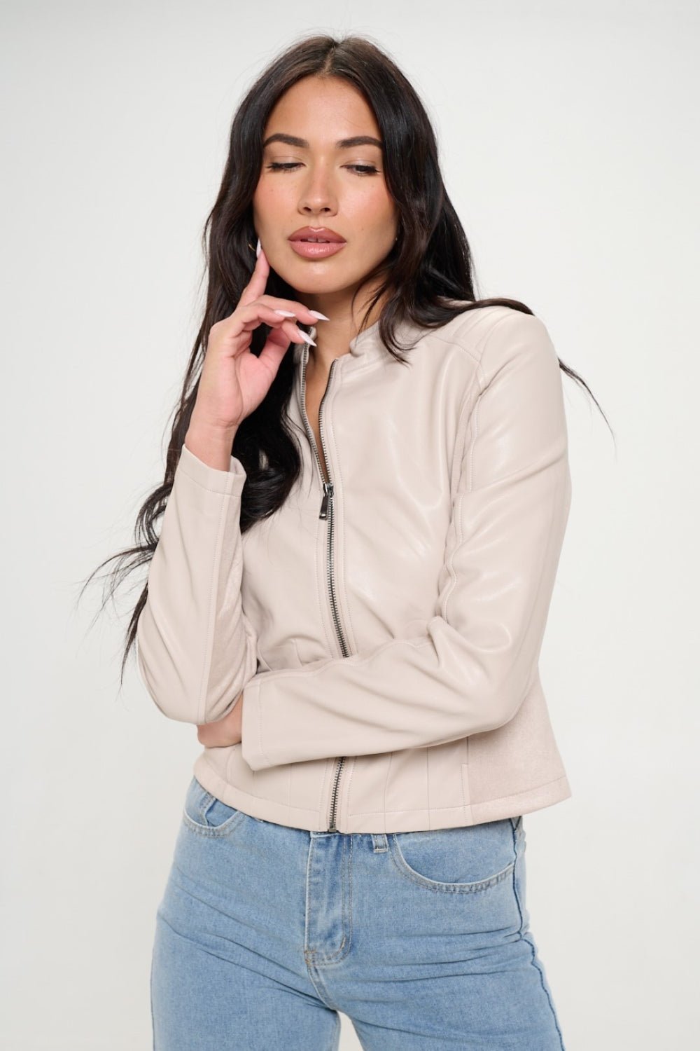 COALITION LA - Vegan Leather Zip Up Moto Jacket in Cream