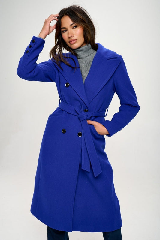 COALITION LA - Vegan Wool Belted Trench Coat in Royal Blue