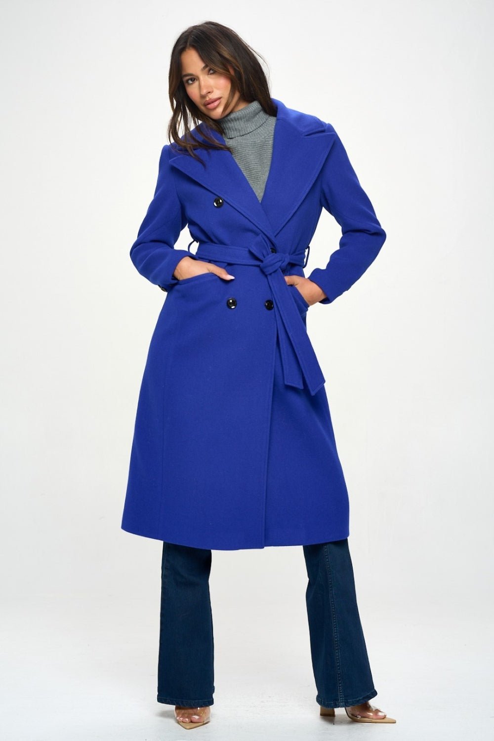 COALITION LA - Vegan Wool Belted Trench Coat in Royal Blue