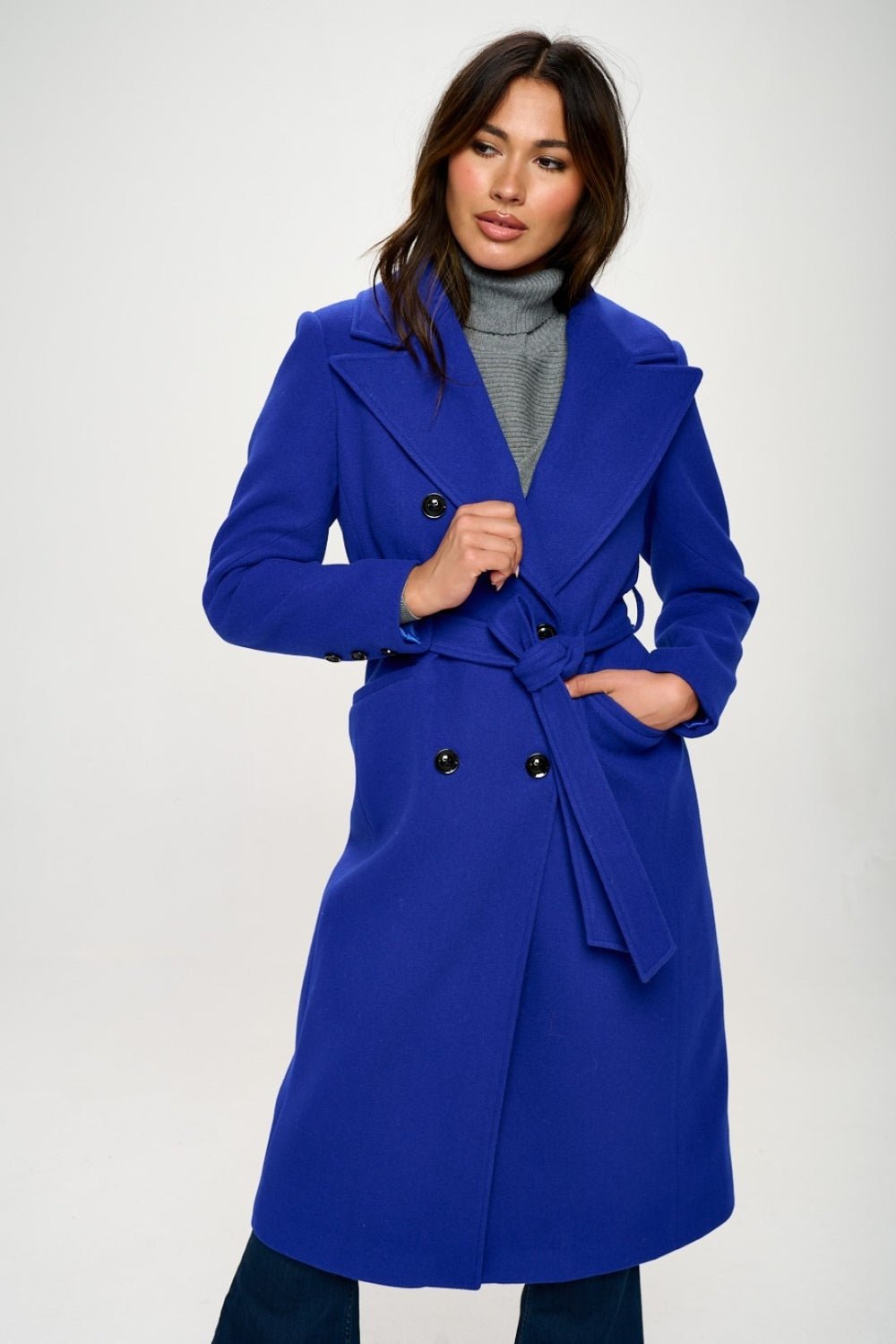 COALITION LA - Vegan Wool Belted Trench Coat in Royal Blue