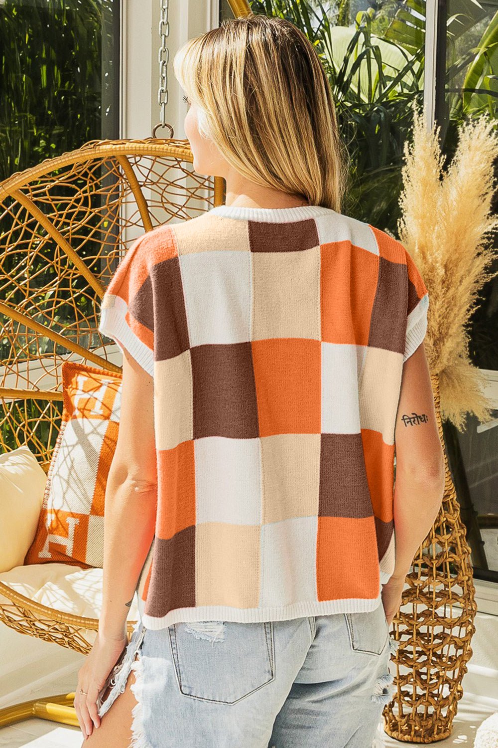 Color Block Checkered Cap Sleeve Sweater in RustSweaterBiBi