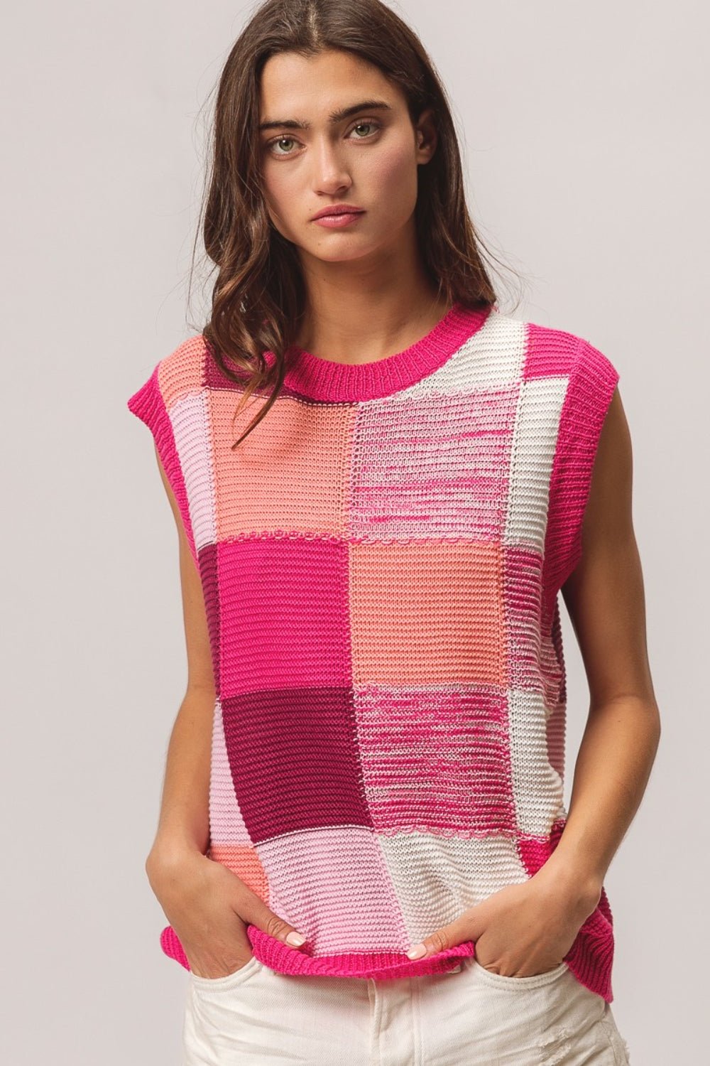 Color Block Crew Neck Sweater Vest in FuchsiaSweater VestBiBi