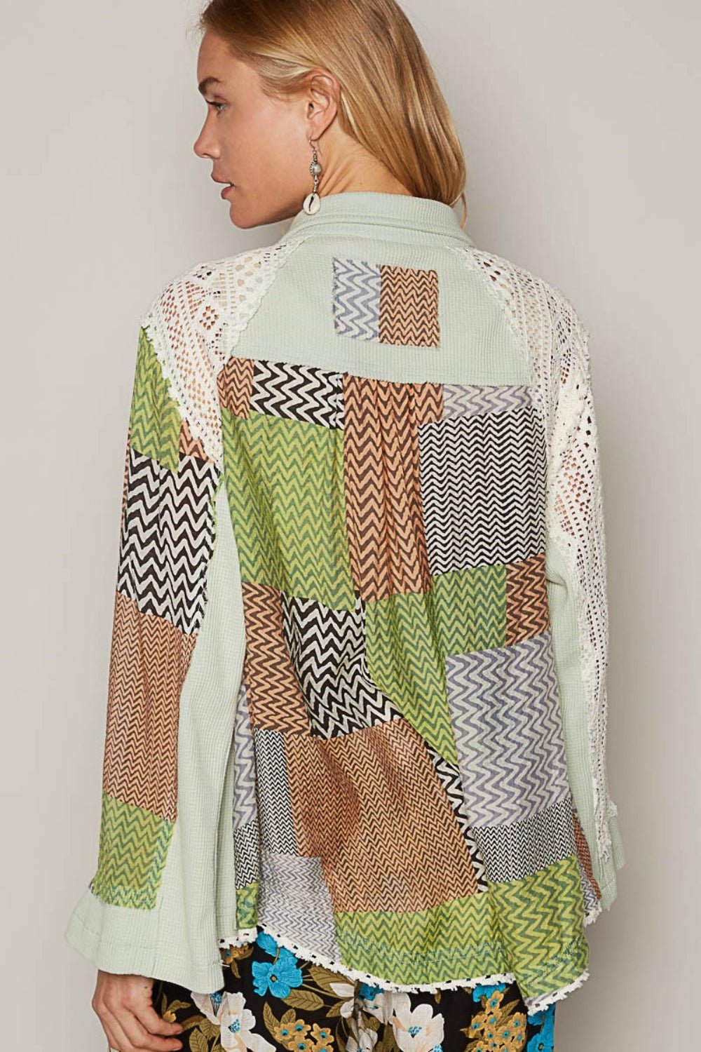 Color Block Crochet Long Sleeve Shirt in Mint GreenShirtPOL