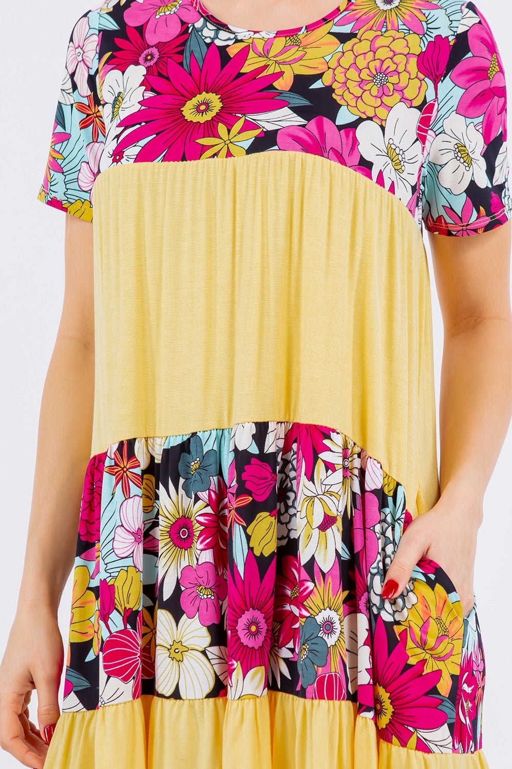 Color Block Floral Short Sleeve Mini Dress in Yellow MintMini DressCeleste Design
