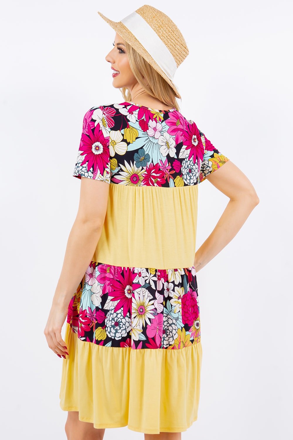 Color Block Floral Short Sleeve Mini Dress in Yellow MintMini DressCeleste Design