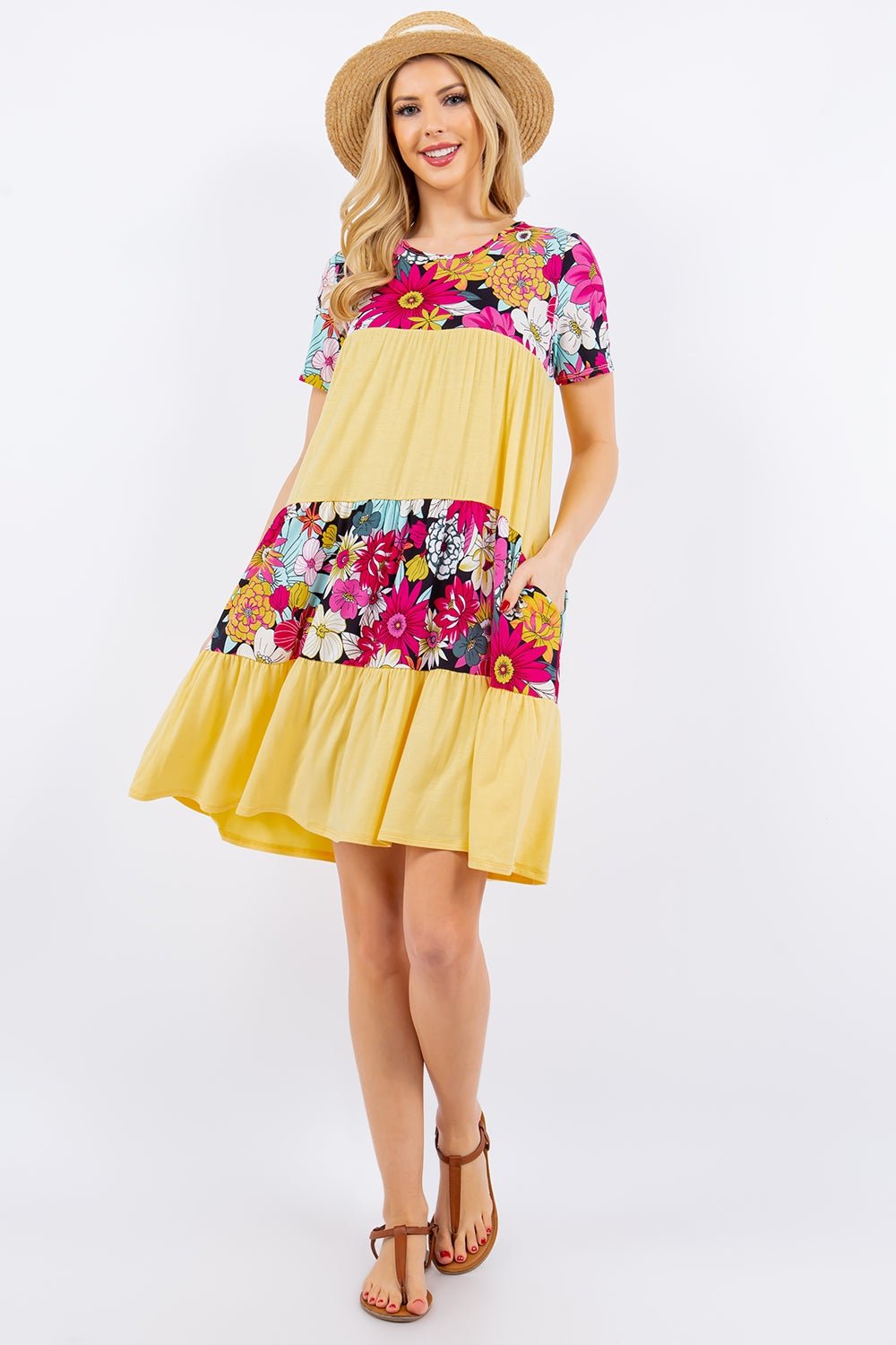 Color Block Floral Short Sleeve Mini Dress in Yellow MintMini DressCeleste Design