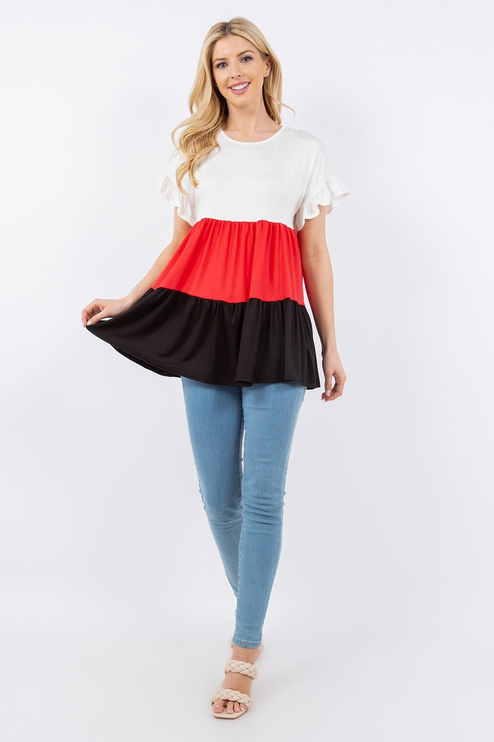 Color Block Ruffled Short Sleeve Top in Ivory BlackTopCeleste Design