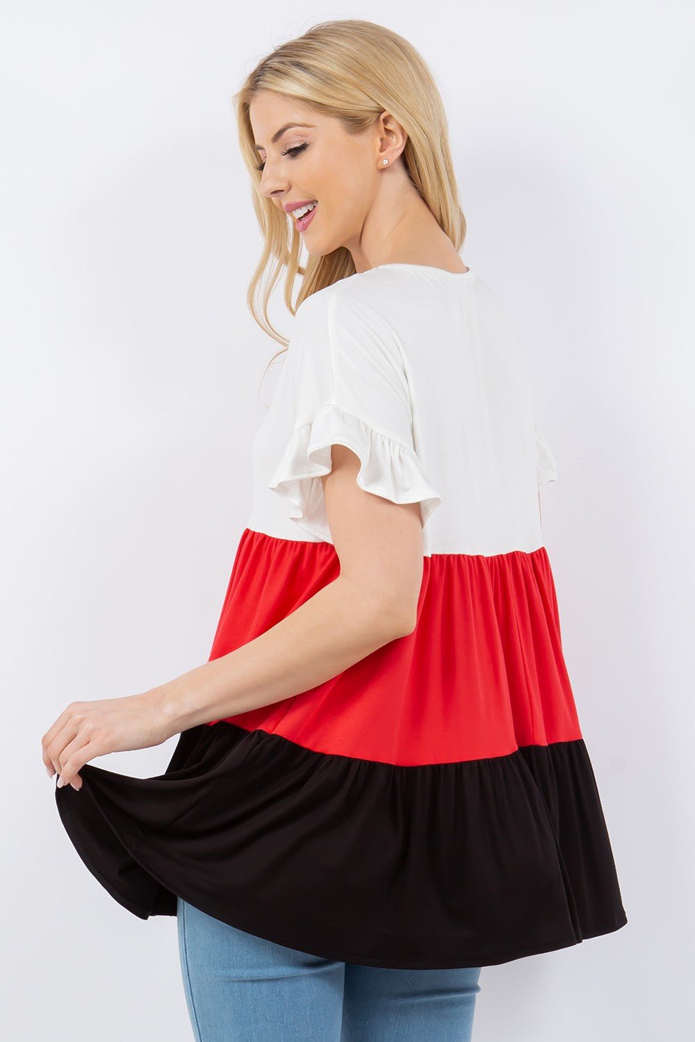 Color Block Ruffled Short Sleeve Top in Ivory BlackTopCeleste Design