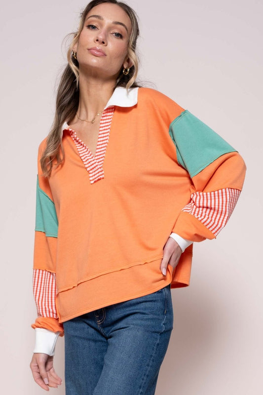Color Block Top with Striped Panel in CoralTopHailey & Co