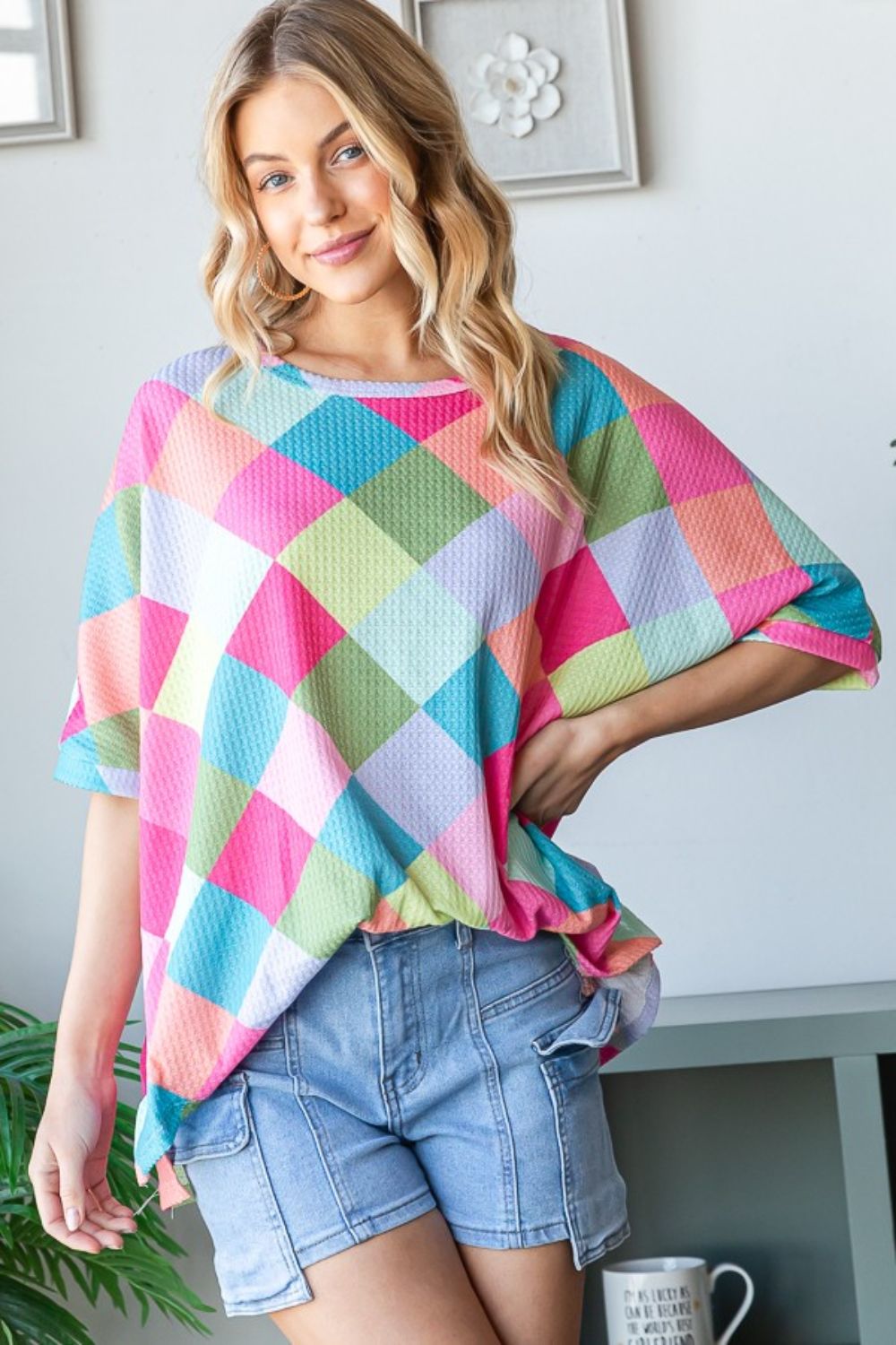 Color Block Waffle Knit Oversized T-Shirt in Pink ComboT-ShirtHOPELY