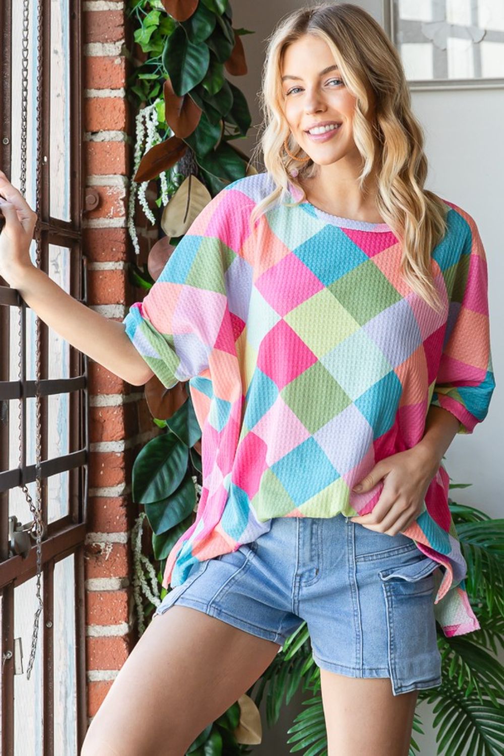 Color Block Waffle Knit Oversized T-Shirt in Pink ComboT-ShirtHOPELY