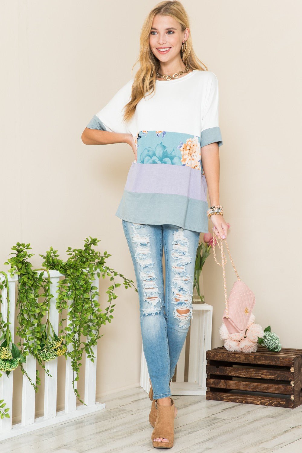 Contrast Color Block Crew Neck T-Shirt in Ivory LilacT-ShirtCeleste Design
